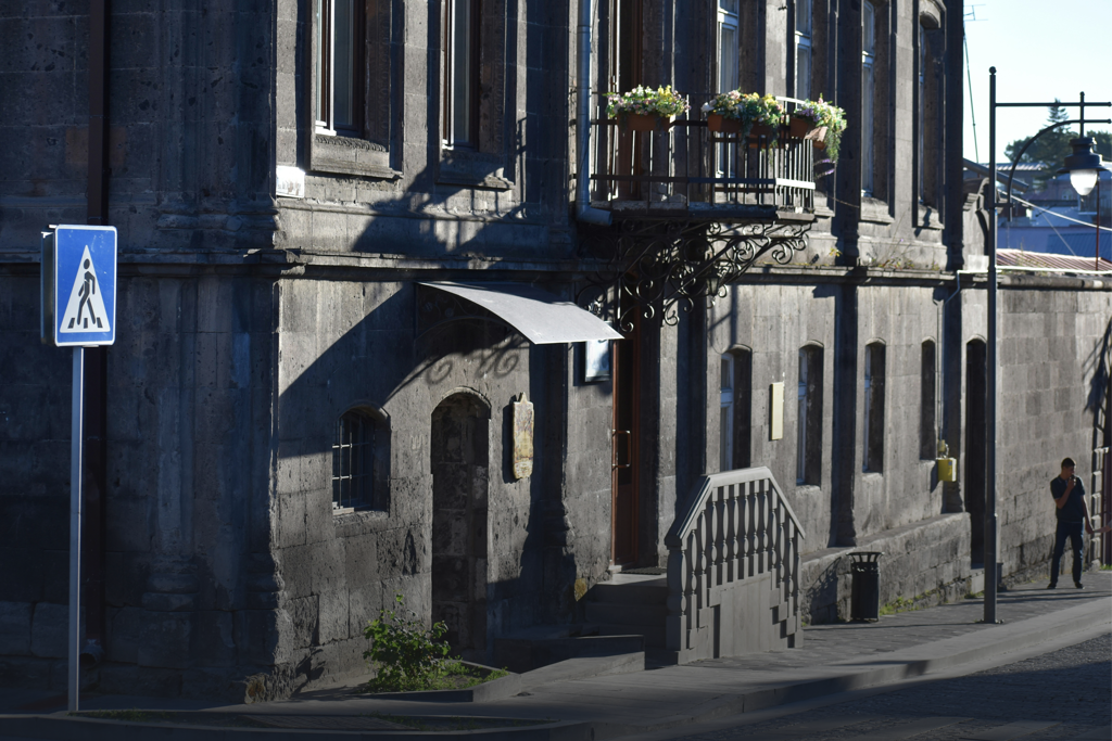 Historic architecture in Gyumri showing black tuff stone buildings